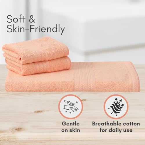 Image of Mafatlal Joy Cotton Towel Set - Soft & Quick Dry Waffle Weave | 1 Bath Towel (58 x 29 inch) + 2 Hand Towels (24 x 12 inch) | 450 GSM | Highly Absorbent | Novelle Peach | Perfect for Home & Travel