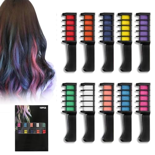 10 Colors Festive Fun Hair Chalk Combs, 2026 New Temporary Glitter Hair Colors Comb, Washable Hair Color Dye for Birthday Christmas Hair DIY Party Gifts for Teenage Girls (10 Colors)