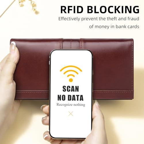 Slim Wallets for Women RFID Blocking Long Ladies Wallet Bifold Womens Leather Wallet with Coin Pocket ID Window, Coffee3