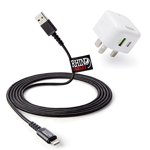 rhinocables MFi Certified Lightning Cable with USB A/USB C Dual Port Fast Mains Charging Plug - Cable and Mains Charger for All Lightning-Compatible Devices, 50cm (More Lengths Available)