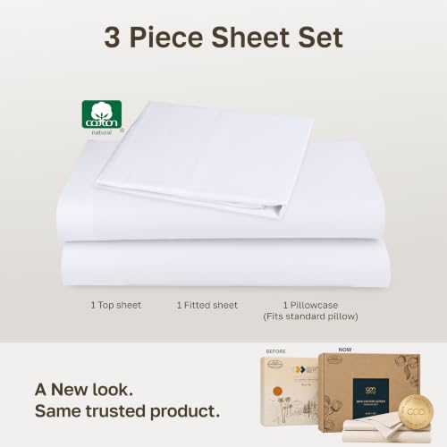 Image of Soft Natural 100% Cotton Sateen Twin Sheets, 3 Pc Set, Bright White