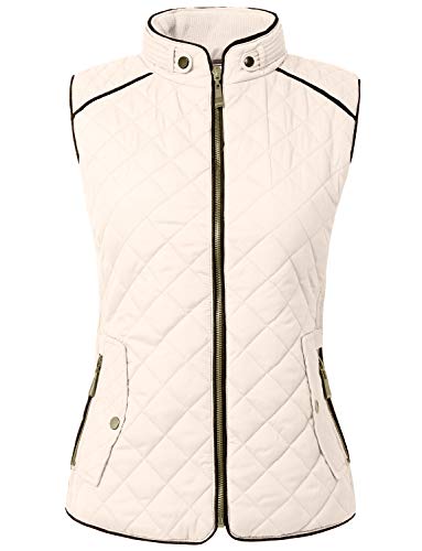 NE PEOPLE Women’s Quilted Vest – Lightweight Sleeveless Full Zip Up Casual Stand Collar Padding Gilet Jacket with Pockets NEWV40 Ivory L