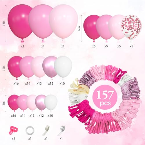 Image of Ouddy Life 157 Pcs Pink Balloons Arch Garland Kit, Hot Metallic Light Pastel Pink White Rose Confetti Balloons Different Size Princess Birthday Wedding Gender Reveal Mothers Day Party Decorations