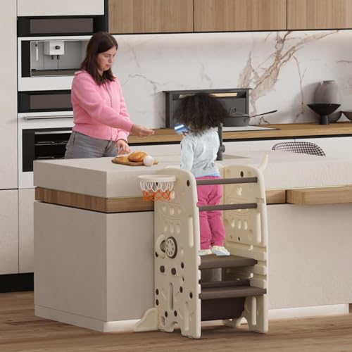 Gupamiga Tour D'observation Montessori, Tour d'apprentissage pour Enfant, Anti-Renversement, Marches Réglables en Hauteur, Antidérapantes, avec Fonctions Telles Que Peinture (Brun) SST- 05