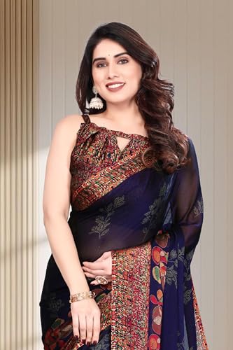 Image of SUPERLAXMI Women's Chiffon Floral Printed Saree with Blouse Piece