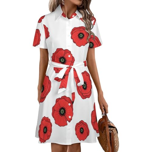 velumair Summer Dresses for Women Red Poppy Flowers Womens Casual Dresses Short Sleeve Button Down Shirt Dress L