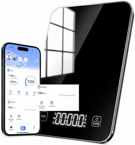 Báscula digital inteligente de cocina con pantalla LED, calculador de nutrientes y aplicación gratuita, capacidad de 10 kg (22 lb), 5 unidades de medición, precisión de 1 g / 0,05 oz