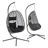 WOLTU Fauteuil Œuf Suspendu, Chaise Hamac Balançoire, avec Support en Métal, Coussin de Siège et Appui tête, Charge 150 kg, Rotin PE, pour Jardin, Balcon, Terrasse, 102x100x196cm, Noir