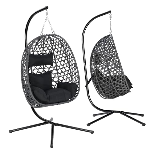 WOLTU Hängesessel mit Gestell, bis 150 kg belastbar, PE-Rattan Hängestuhl, mit Sitzkissen und Kopfstütze, für Indoor und Outdoor, Schwarz
