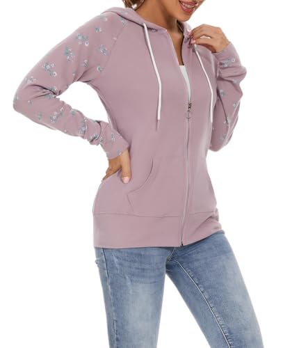 YUTILA Sudadera con capucha para mujer, con cremallera, estampado de flores, chaqueta con capucha, chaqueta deportiva con bolsillo, Color rosa claro, S