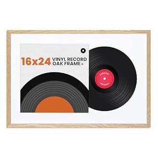 Vinyl Record Frame Natural Oak Wood 24 x 16 Inches with Mat, for 12.5″ x 12.5″ LP Record and Album Jacket Display, Double Groove, Shatter-Resistant Tempered Glass Cover and Wall Hanging Hardware - Les Beatles, Paul McCartney, John Lennon, RIngo Starr, George Harrison