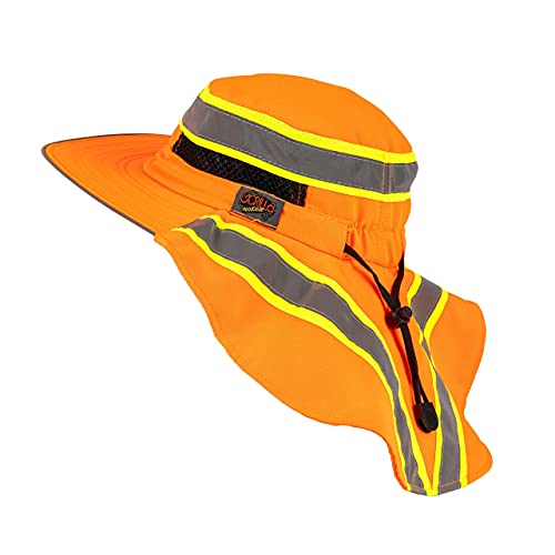 Hi-Visibility Reflective Safety Polyester Upf 50+ Sun Hat, Wide Brim With Neck Flap, Breathable, Boonie Hat Bucket Cap Orange #TOP1