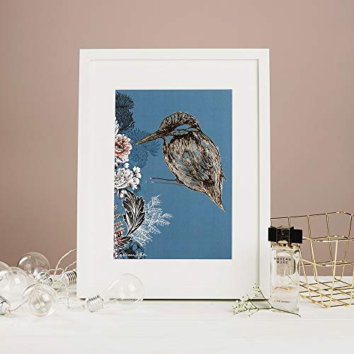Affiche encadrée Kingfisher feuille d'or cadre bois verre déco murale multicolore