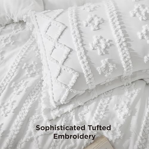Image of Bedsure Tufted Boho Comforter Set Oversized King - Bright White Boho Bed Set, GentleSoft 3 Pieces Farmhouse-Style Embroidery Bedding, Gifts for Woman, Soft Jacquard Kids' Comforter for All Seasons
