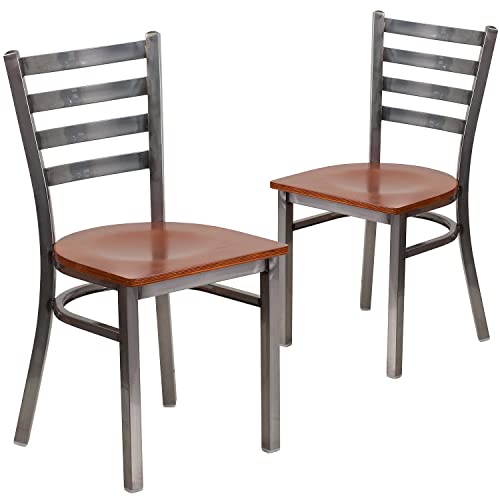 Image of Flash Furniture 2 Pk. HERCULES Series Clear Coated Ladder Back Metal Restaurant Chair - Cherry Wood Seat