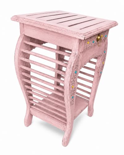 Image of Multipurpose Table Outdoor Indoor Stool Flower Vase Stool with One Drawer Material Mango Wood Size 30.5CM x 30.5CM x 53.3CM (Lite Pink Antique)