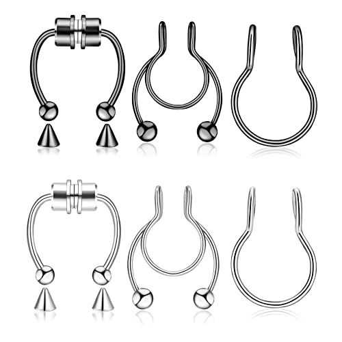 6 Pieces Nose Rings Fake Nose Ring Magnetic Septum Fake Nose Ring Fake Nose Ring Hoop Stainless Steel Inlaid Jewelry Horseshoe Faux Clip Nose Ring on Non-Pierced Nose Ring for Women Men