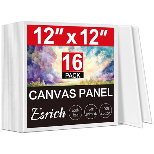 ESRICH Canvas for Painting 16 Pack Square Canvas Boards for Painting 12x12 100% Cotton Primed Acid Free Blank Canvas Panels for Oil Paint Watercolor Acrylic Paint Gouache and Tempera.