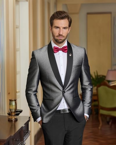 YND Men's Shiny Tuxedo Jacket, Sequin Slim Fit Blazer, One-Button Shawl Lapel Suit for Party, Prom, Wedding, Dinner3