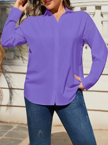 Charming Ashley Plus Size Womens Solid Color V Neck Button Down Blouse Long Sleeve Casual Business Dressy Blouses XL-5XL Deep Purple — view 5