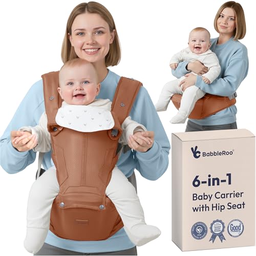 BabbleRoo Grow Carrier – Safety-Certified 6-in-1 Toddler & Baby Carrier with Hip Seat, Ergonomic & Adjustable Toddler Carrier 7-50 lbs with Hip Support, Hood for Sun Protection, Newborn to Toddler