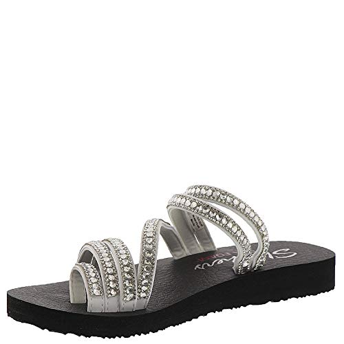 Skechers Women's MEDITATION - GLAM FLASH - Rhinestone Toe Loop Thong Sandal, white, 5 M US