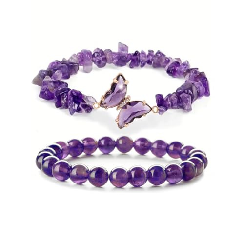 Image of COLORFUL BLING 2Pcs Natural Irregular Chip Stones Butterfly Bracelet Set Gemstone Healing Chakra Crystal Bracelet Reiki Yoga Bead Stretch Bracelet Jewelry Mediation Gifts
