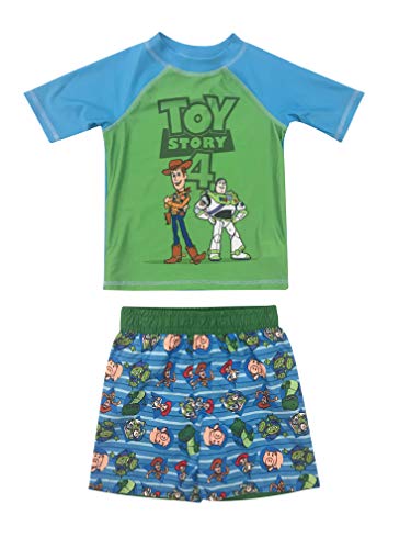 Disney Pixar Toy Story Buzz Lightyear Woody Toddler Boys Rash Guard Swim Trunks Set Green/Blue 3T