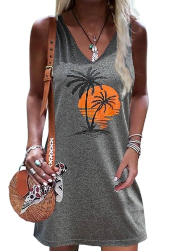 Image of Live Simple Coconut Tree Sleeveless Mini Dress Summer Beach Mini Dress Women's Summer Casual Sexy V Neck Mini Tank Dress