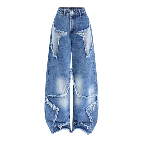 Star Jeans for Girls Cute Wide Leg Straight Patchwork Raw Hem Denim Pants Trendy Preppy Elastic Waist Trousers with