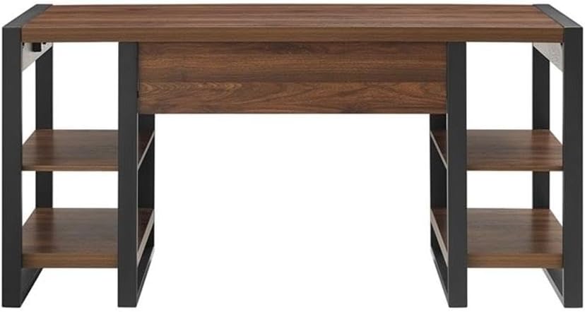 Pemberly Row 60" Industrial Wood Computer Desk, Dark Walnut Finish, High-Grade MDF, Powder-Coated Metal Frame, USB Port and AC Plug-in, Pull-Out Drawer, Home Office Desk with Open Shelving