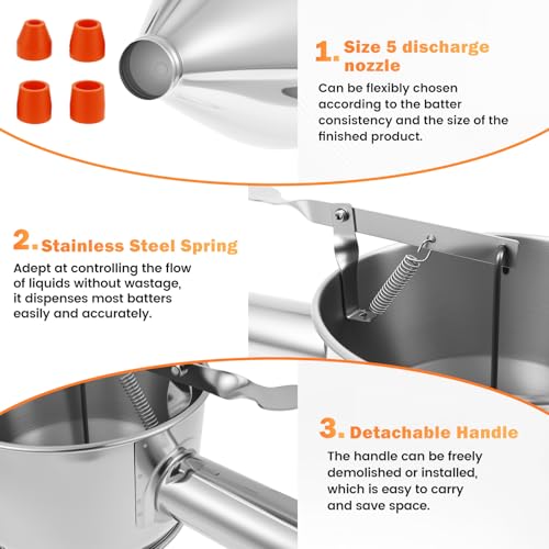 Pancake Batter Dispenser with 4 Nozzles 40oz/1.2L Stainless Steel Funnel Cake Dispenser with Stand & Handle, Pancake Mix Dispensers for Takoyaki Cupcake, Cupcakes, Funnel Cakes, Muffins - Image 4