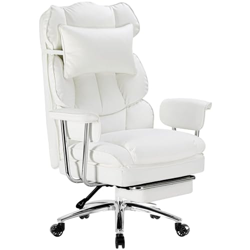 Image of Sweetcrispy Executive Home Office Desk Chair - Ergonomic Big Tall High Back with Footrest & Lumbar Support, Reclining Height Adjustable, Comfy PU Leather Computer Gaming with Swivel Wheels, White