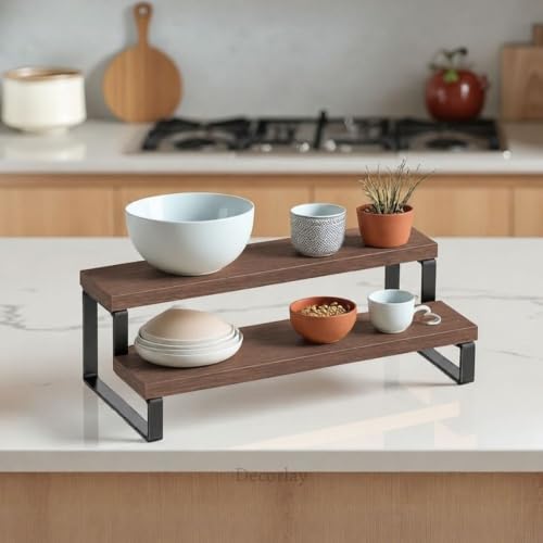 Image of Decorlay 2-Tier Metal & Laminated Board Spice Rack Organizer Kitchen countertop rack Size: 30x18.5x13 CM Color: Brown & Black