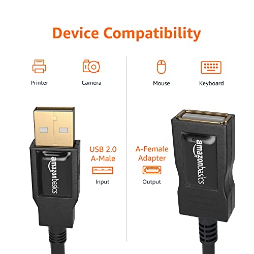 Image of AmazonBasics USB 2.0 Extension Cable - A-Male to A-Female for Personal Computer, Printer - 3.3 Feet (1 Meters, Black)