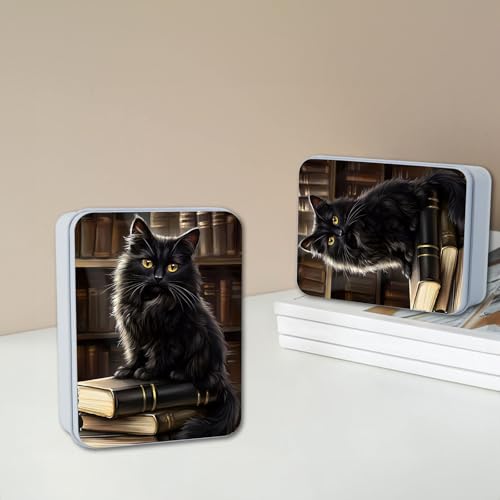 Image of Metal Tin Box with Lid,Multi-functional Storage Large Box Can Store Tea Biscuits Game Cards, Playing & Tarot Cards-Comes with 4 Magnetic Cord Clips,Black Cat on Books