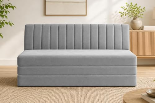 Image of 3 Seater Foldable Floor Sofa Bed with, Modern Velvet Fabric Folding Couch for Living Room, Guest Room & Small Spaces- Grey Color