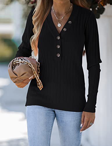 Merokeety Women's Long Sleeve V Neck Ribbed Button Knit Sweater Solid Color Tops Black #TOP1