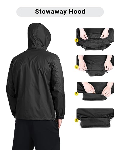 Outdoor Ventures Regenjacke Herren Wasserdicht Ultraleichte Dünne Faltbare Regenmantel Atmungsaktiv Fahrrad Regenjacke Sport Schwarz L