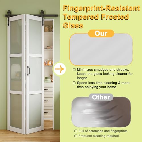 Puerta plegable de granero corrediza bi-fold de 64" x 84" de vidrio esmerilado con herrajes | Puerta de clóset blanca resistente al agua con riel de 72", panel sólido ensamblado para reducción efectiva de sonido miniatura 4