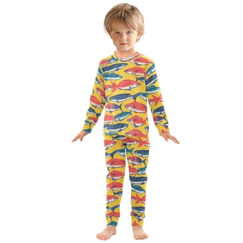 Pajama Sets Long Sleeve Fish Pattern on Yellow Soft Comfy Sleepwear 2 Piece PJS 3-8T2