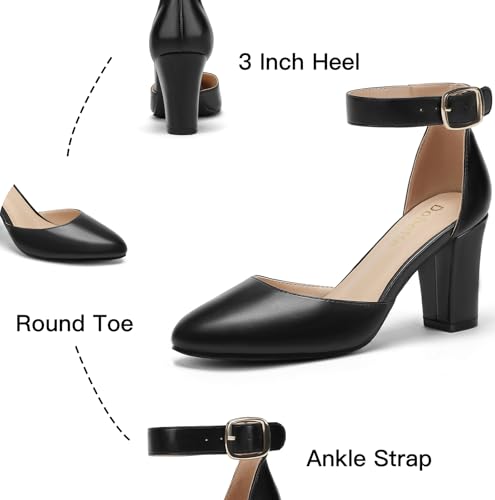 Image of 3 Inch Wide Width Chunky Heels for Women Closed Toe Heels Dress Shoes for Womens Round Pumps Ankle Strap Block Heel Bridesmaid Wedding Prom Party Comfortable (Check Size Chart Before Select)