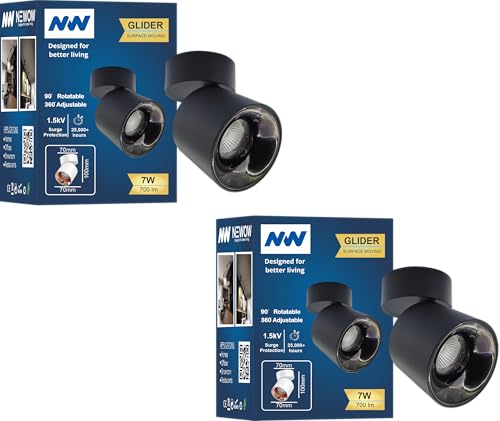 Image of NW 7W Glider SF Moveable Black with Gun Black Aluminium 360 Degree Adjustable Cylindrical Shape LED Surface Light | COB Light | Wall Light | Spot Light | Light Color- Warm White (Pack of 2)