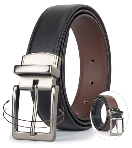Reversible Belt for Men Black Brown Leather Belt with Alloy Pin Buckle, Mens Dress Belt for Work Casual, 1.3