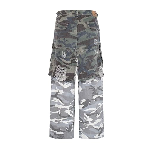 XYXIONGMAO Men's Techwear Camo Cargo Pants Skirt Overlay Layered Two-Tone Distressed Casual Multi-Pocket Streetwear Overalls2