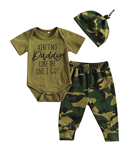 Baby Boy Camouflage Romper Pants with Hat Bodysuit Jumpsuit Set Three Piece Outfits Set Infant Summer Clothes (Daddy Print Summer Outfits, 0-3 Months)
