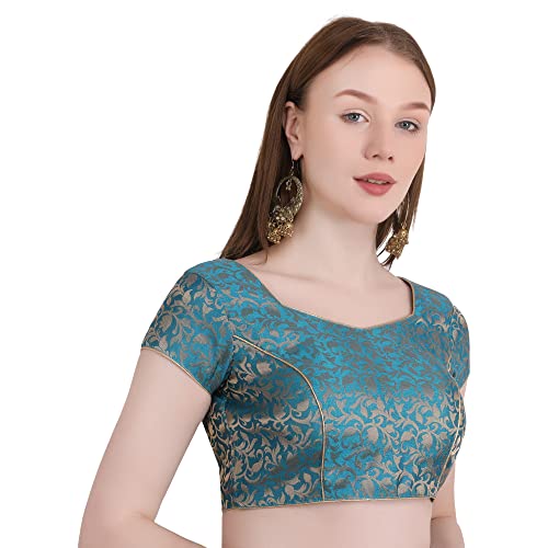 Image of Women's Short Sleeve Brocade (Chanderi) Readymade Stitched Saree Blouse Ready to Wear Half Sleeves Ladies Blouse