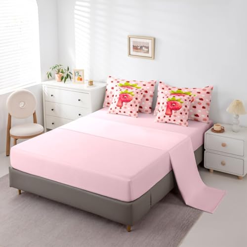 Image of Feelyou Girls Strawberry Comforter Set Full Size 7 Pieces Pink Strawberry Bedding Set for Kids Boys Girls Initial Letter P Bed in a Bag with Comforter, Sheets, Pillowcases, Cushion Covers