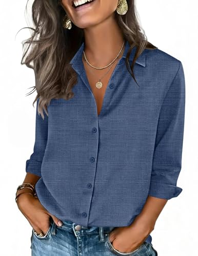 Zeagoo Womens Tops Button Down 3/4 Sleeve Shirts Dressy Casual Collared Blouses Summer Vacation Clothes Denim Blue