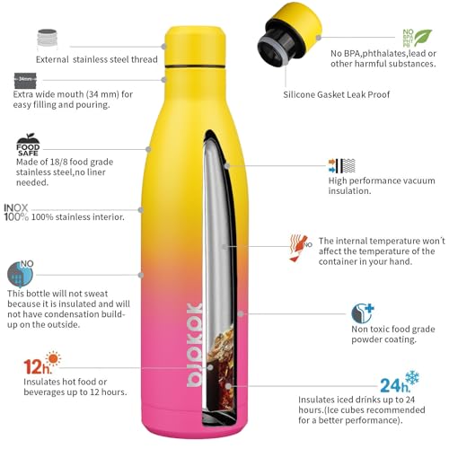 Image of BJPKPK 25 oz Insulated Stainless Steel Water Bottle, Metal Sports Flask | Double Wall Vacuum, Leak Proof, Keeps Hot /Cold, BPA Free, Dishwasher Safe, Cupholder Friendly, Travel, Rainbow